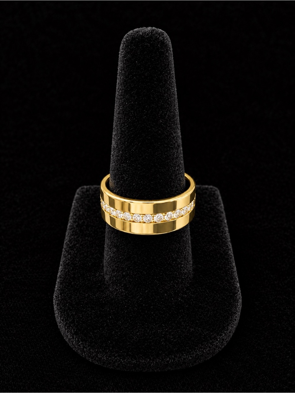 Gold Band Ring with Channel Set Clear Stones Size 6